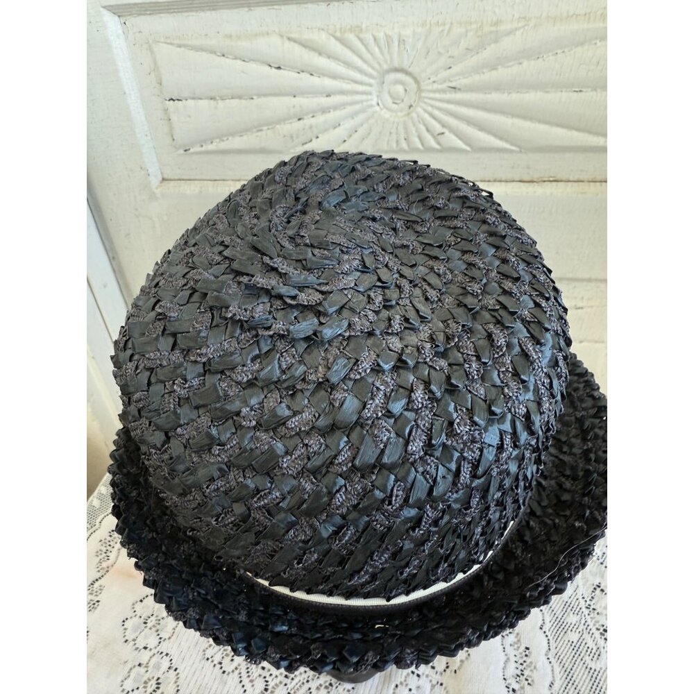 Vintage 1950s Raffia Straw Blue Womens Fedora Style Hat - Picture 6 of 9